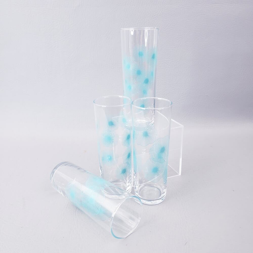 Vintage 1970 IKEA Atomic Sunburst Blue Aqua MCM Tom Collins Highball Set Of 4